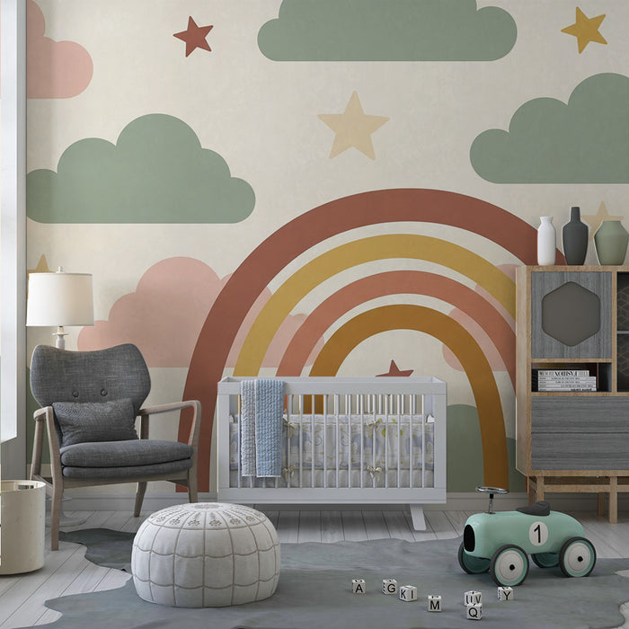 Papel de parede quarto bebê | Nuvens suaves e arco-íris colorido