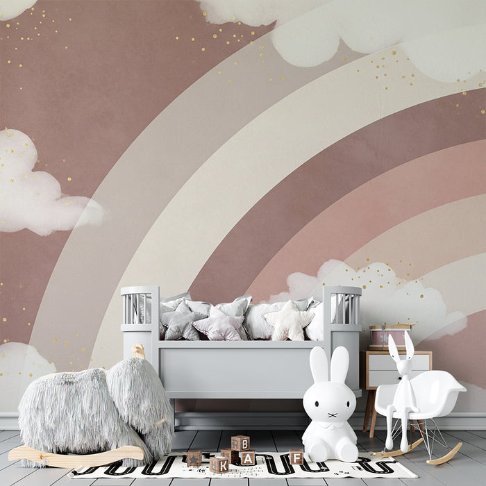 Babyzimmer Tapete | Weiche Wolken und pastellfarbener Regenbogen mit goldenen Glanzlichtern