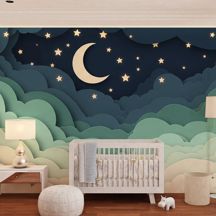 Papel de parede quarto bebê | Nuvens suaves e céu estrelado com lua