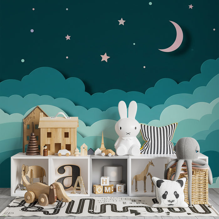 Papel de parede quarto bebê | Nuvens suaves e céu estrelado em tons suaves