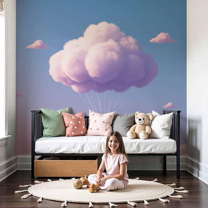 Papel de parede para quarto de bebé | Nuvens suaves e céu pastel com paraquedas