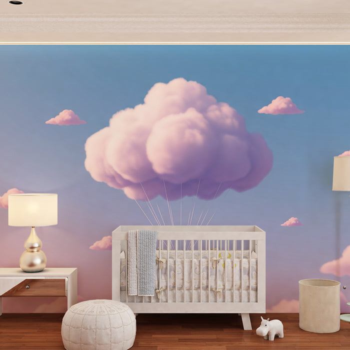 Papel de parede para quarto de bebé | Nuvens suaves e céu pastel com paraquedas