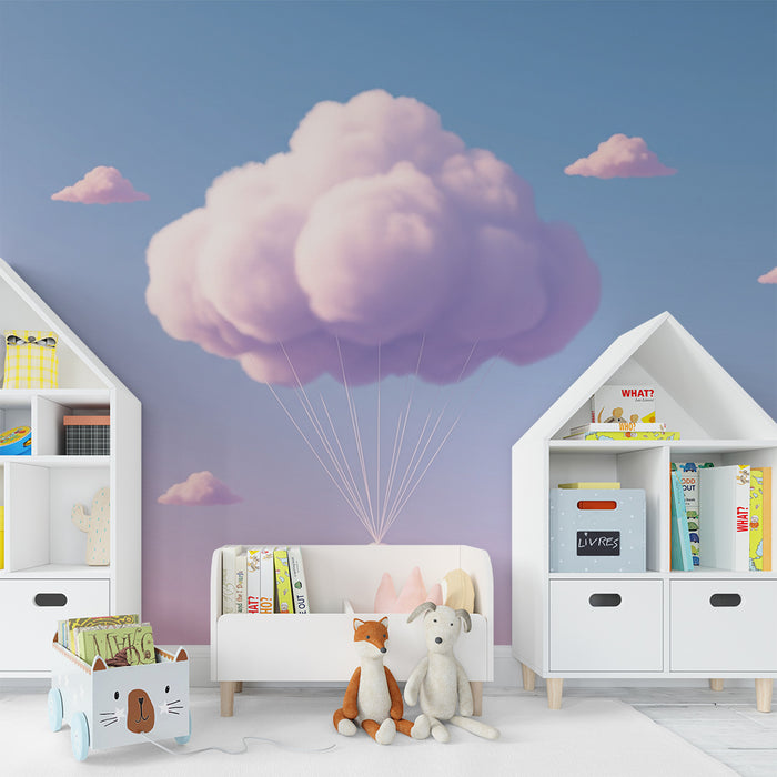 Papel de parede para quarto de bebé | Nuvens suaves e céu pastel com paraquedas