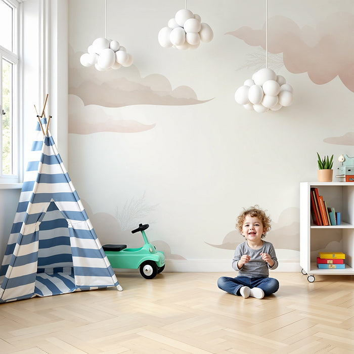 Lastenhuoneen tapetti | Lempeitä ja herkkiä pilviä, joissa on ripaus beigeä ja vaaleanpunaista