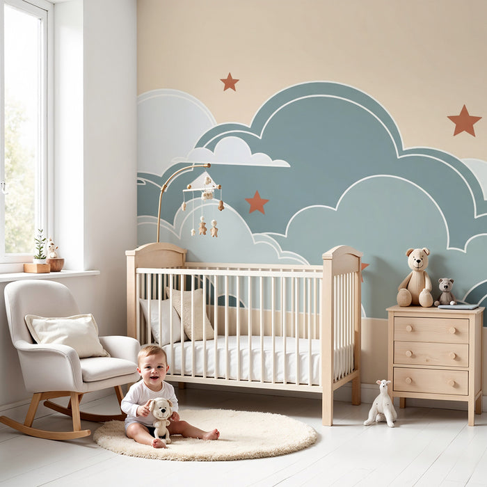 Papel de parede quarto bebê | Nuvens suaves e estrelas coloridas em fundo pastel