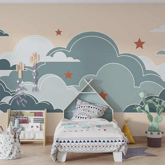 Papel de parede quarto bebê | Nuvens suaves e estrelas coloridas em fundo pastel