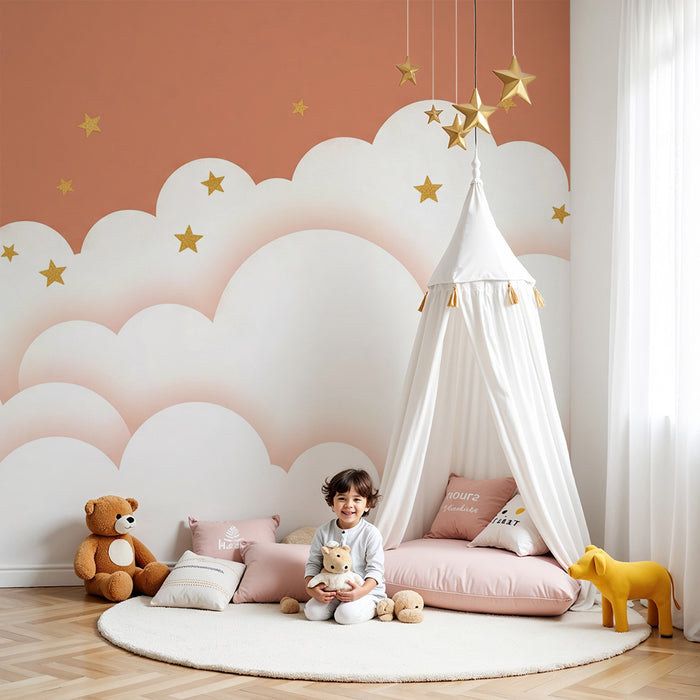 Babyzimmer Tapete | Weiche Wolken und goldene Sterne