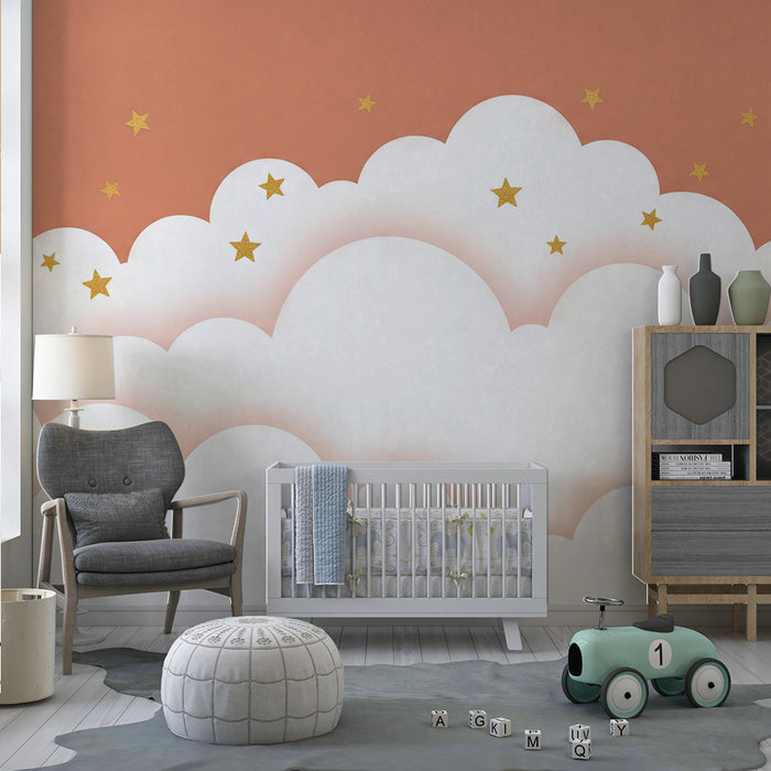 Babyzimmer Tapete | Weiche Wolken und goldene Sterne