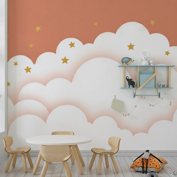 Babyzimmer Tapete | Weiche Wolken und goldene Sterne
