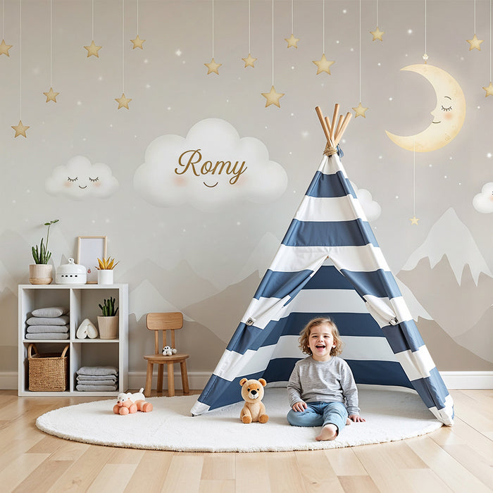 Babyzimmer Tapete | Sanfte Wolken und goldene Sterne in einem beruhigenden Himmel