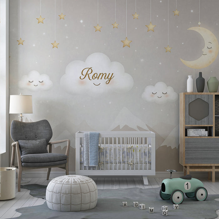 Babyzimmer Tapete | Sanfte Wolken und goldene Sterne in einem beruhigenden Himmel