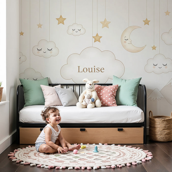 Babyzimmer Tapete | Sanfte Wolken und goldene Sterne für eine beruhigende Umgebung