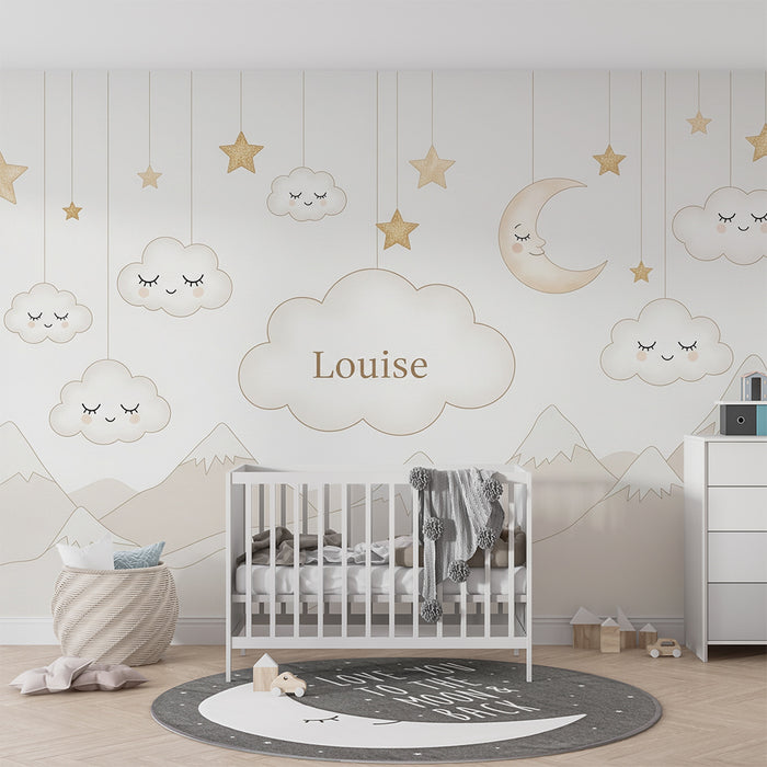 Babyzimmer Tapete | Sanfte Wolken und goldene Sterne für eine beruhigende Umgebung