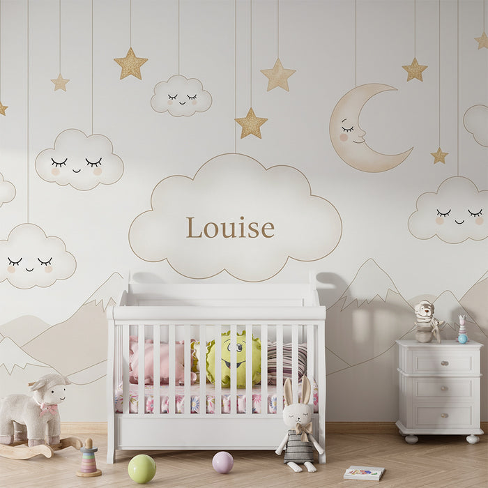 Babyzimmer Tapete | Sanfte Wolken und goldene Sterne für eine beruhigende Umgebung