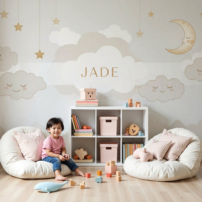 Babyzimmer Tapete | Sanfte Wolken und goldene Sterne für eine beruhigende Atmosphäre