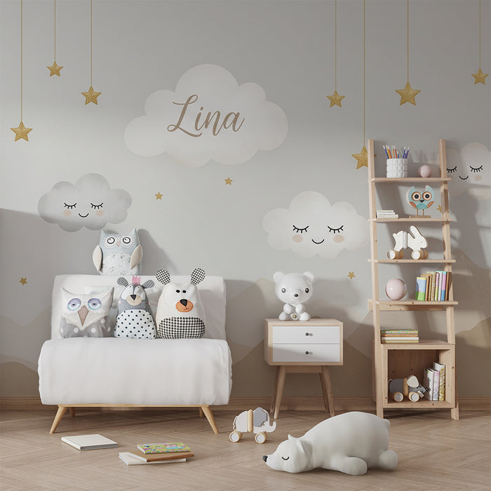 Babyzimmer Tapete | Sanfte Wolken und goldene Sterne auf beruhigendem Hintergrund