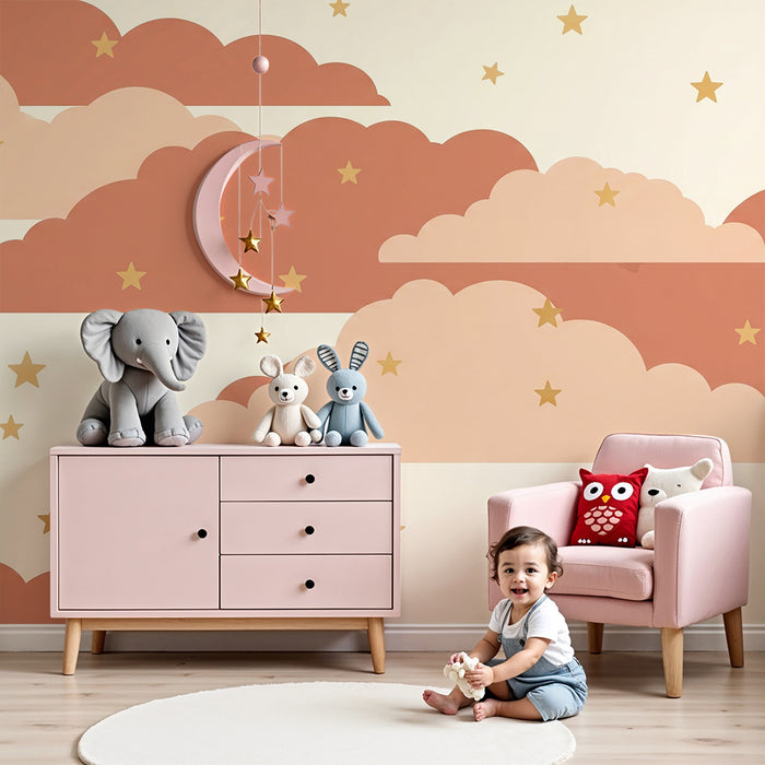 Babyzimmer Tapete | Sanfte Wolken und goldene Sterne auf cremefarbenem Hintergrund