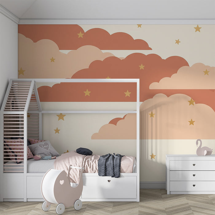 Babyzimmer Tapete | Sanfte Wolken und goldene Sterne auf cremefarbenem Hintergrund