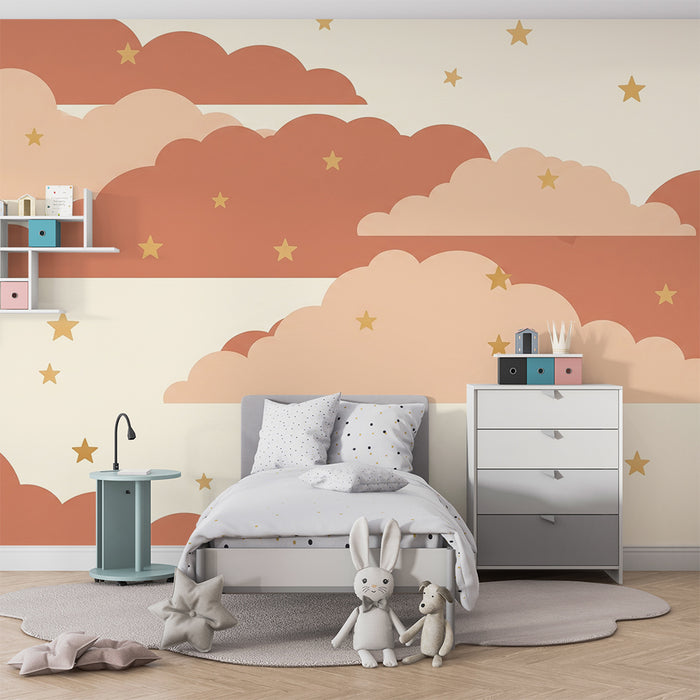 Babyzimmer Tapete | Sanfte Wolken und goldene Sterne auf cremefarbenem Hintergrund