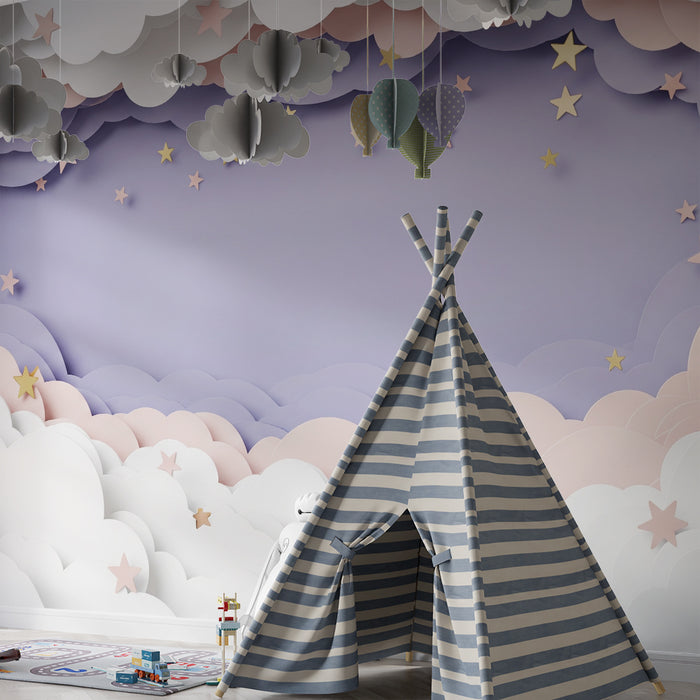 Papel de parede quarto bebê | Nuvens suaves e estrelas douradas em fundo pastel