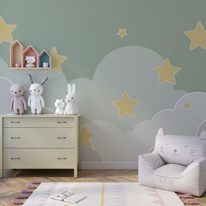 Papel de parede quarto bebê | Nuvens suaves e estrelas douradas em fundo pastel
