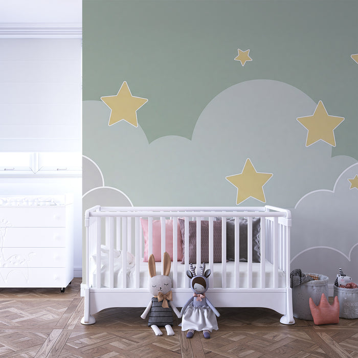 Papel de parede quarto bebê | Nuvens suaves e estrelas douradas em fundo pastel