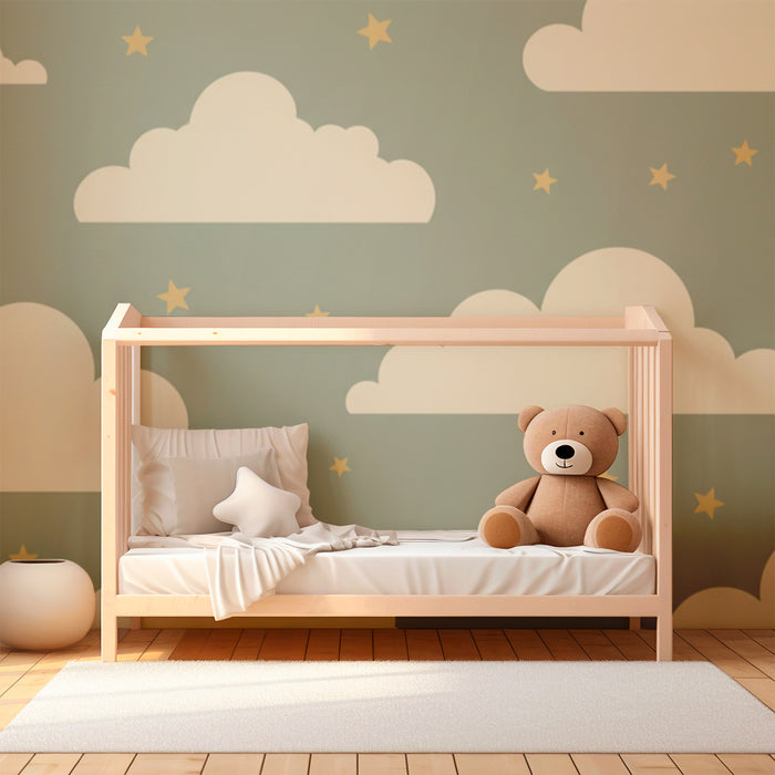 Papel de parede quarto bebê | Nuvens suaves e estrelas douradas em fundo verde