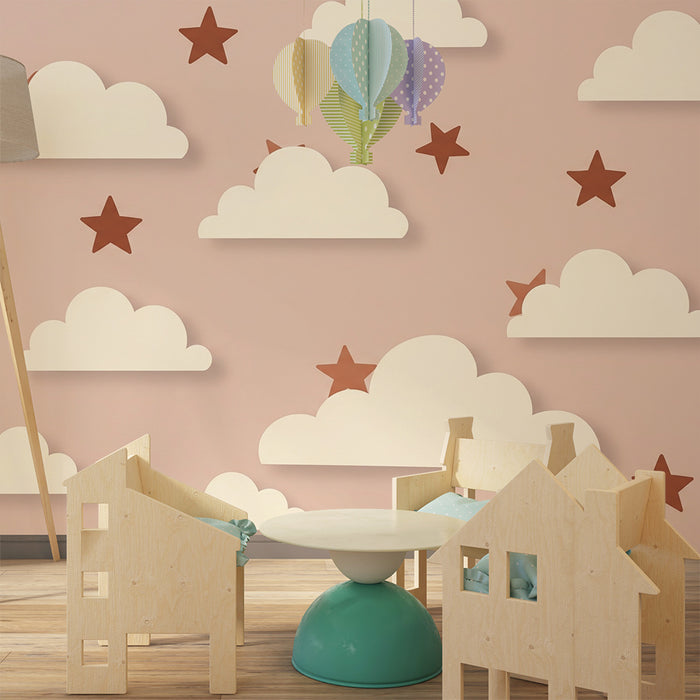 Babyzimmer Tapete | Sanfte Wolken und Sterne in Terrakotta auf rosa Hintergrund