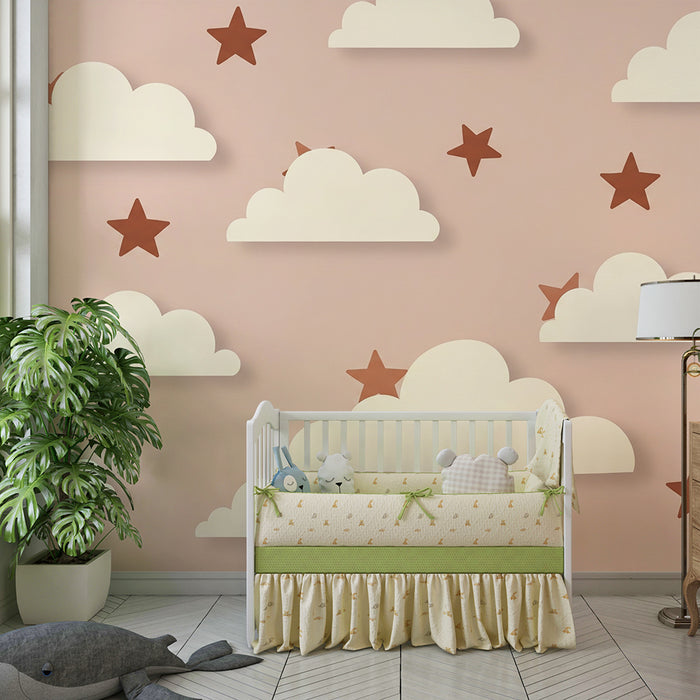 Babyzimmer Tapete | Sanfte Wolken und Sterne in Terrakotta auf rosa Hintergrund