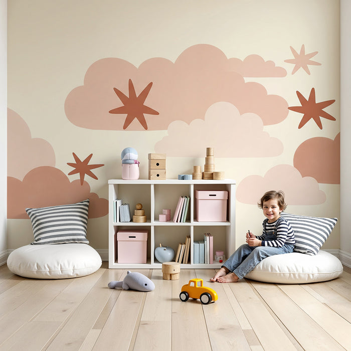 Papel de parede quarto bebê | Nuvens suaves e estrelas em tons pastel