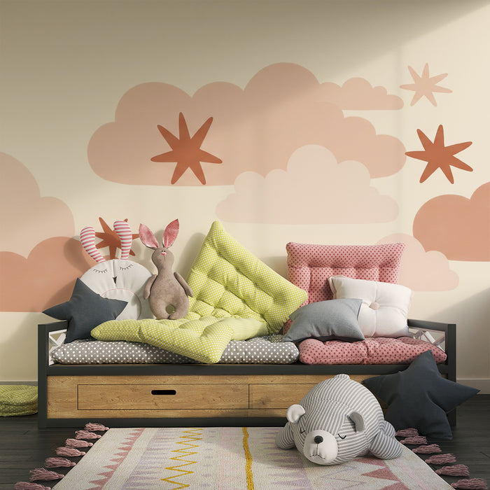 Papel de parede quarto bebê | Nuvens suaves e estrelas em tons pastel