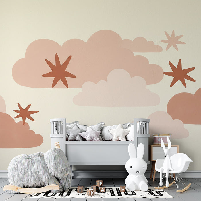 Papel de parede quarto bebê | Nuvens suaves e estrelas em tons pastel