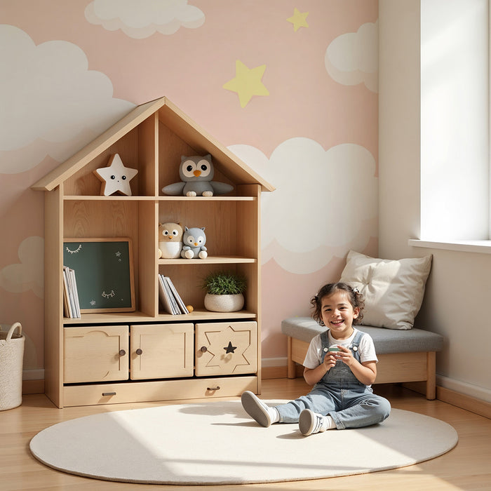 Papel de parede quarto bebê | Nuvens suaves e estrelas amarelas em fundo rosa