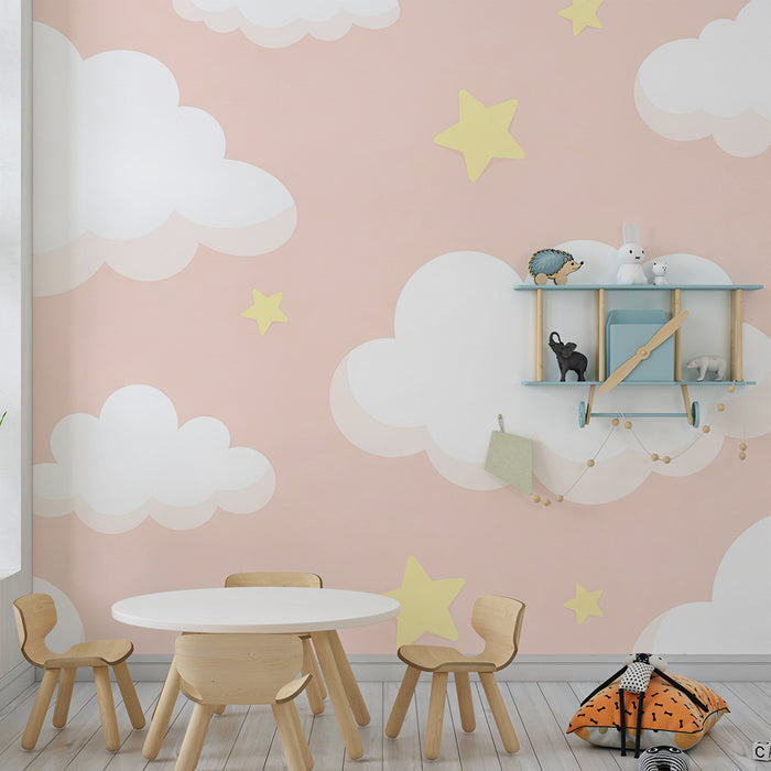 Papel de parede quarto bebê | Nuvens suaves e estrelas amarelas em fundo rosa