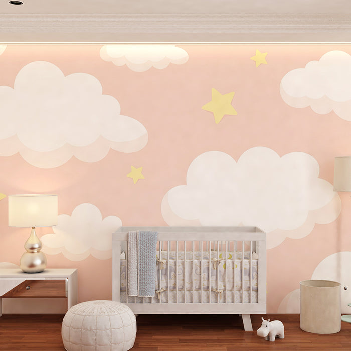 Papel de parede quarto bebê | Nuvens suaves e estrelas amarelas em fundo rosa