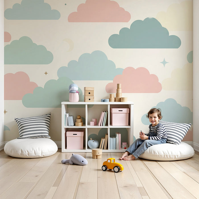 Babykamer behang | Zachte wolken en pastelsterren voor een rustgevende hemel