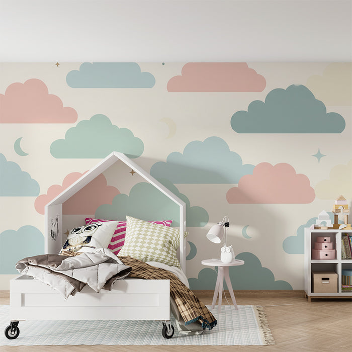 Babykamer behang | Zachte wolken en pastelsterren voor een rustgevende hemel