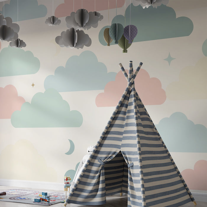 Babykamer behang | Zachte wolken en pastelsterren voor een rustgevende hemel