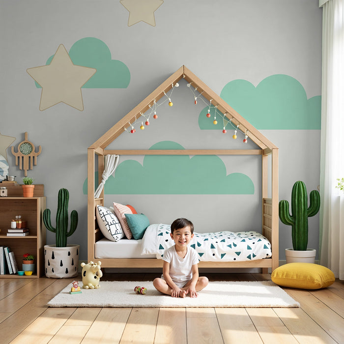 Papel de parede quarto bebê | Nuvens suaves e estrelas pastel para um céu tranquilo