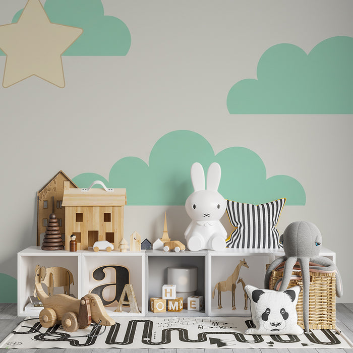 Papel de parede quarto bebê | Nuvens suaves e estrelas pastel para um céu tranquilo