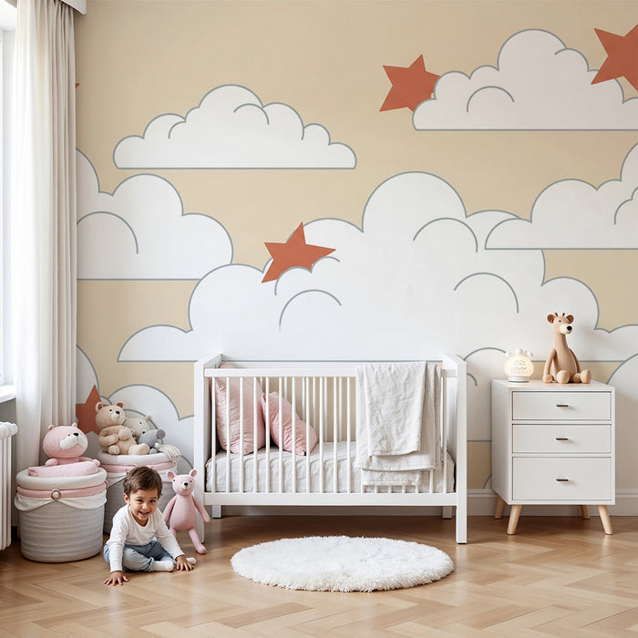 Papel de parede quarto bebê | Nuvens suaves e estrelas vermelhas em fundo bege