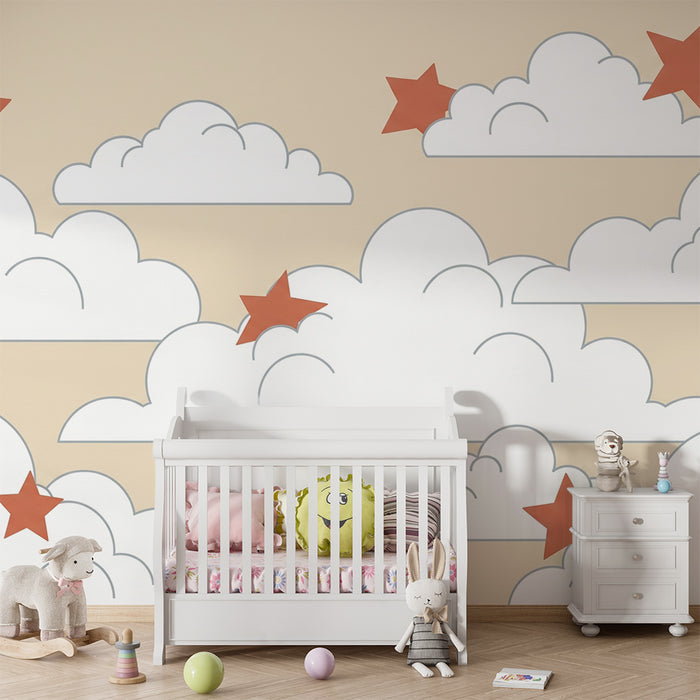 Papel de parede quarto bebê | Nuvens suaves e estrelas vermelhas em fundo bege