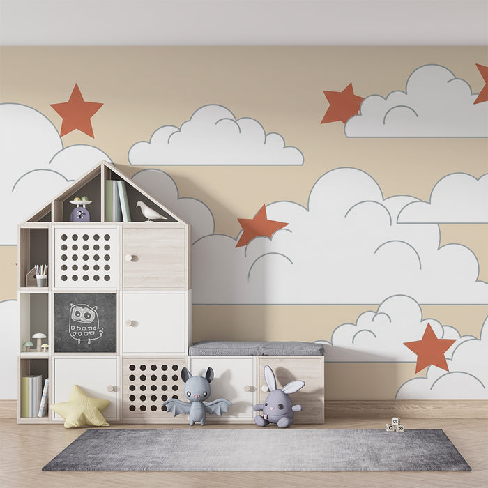 Papel de parede quarto bebê | Nuvens suaves e estrelas vermelhas em fundo bege