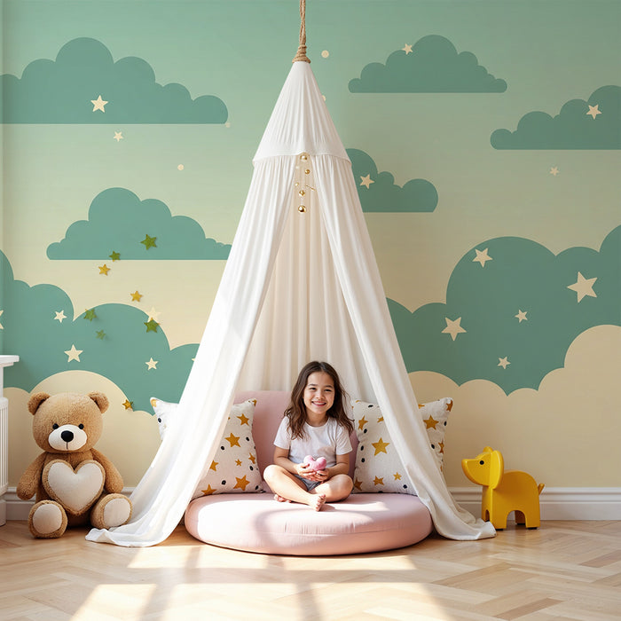 Papel de parede quarto bebê | Nuvens suaves e estrelas cintilantes num céu tranquilo