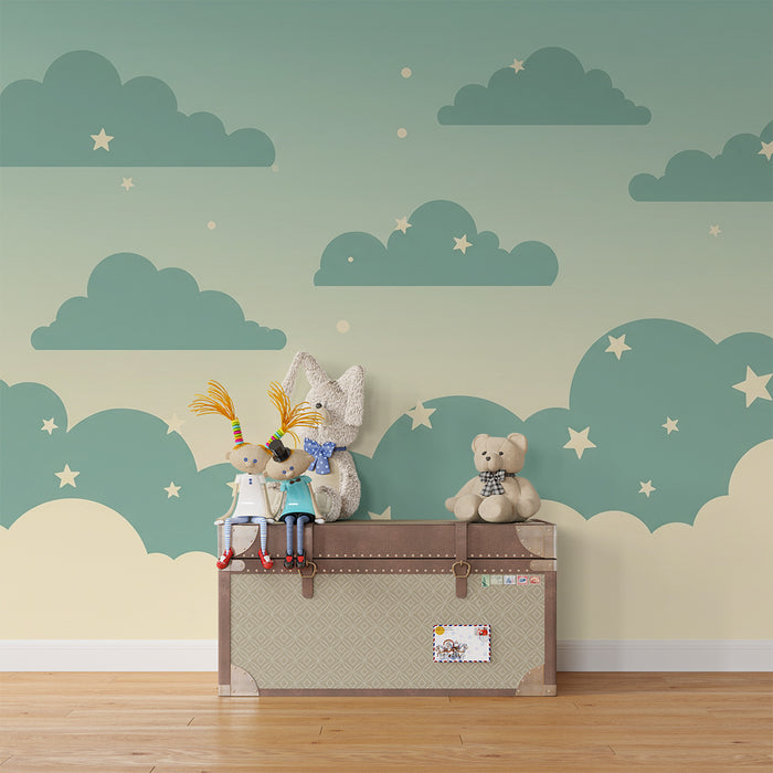 Papel de parede quarto bebê | Nuvens suaves e estrelas cintilantes num céu tranquilo