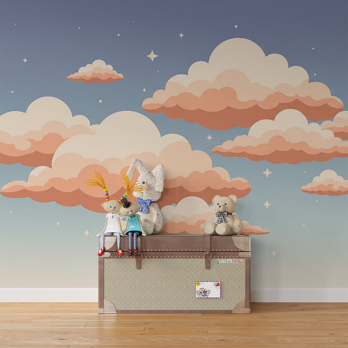 Papel de parede quarto bebê | Nuvens suaves e estrelas brilhantes em um céu pastel