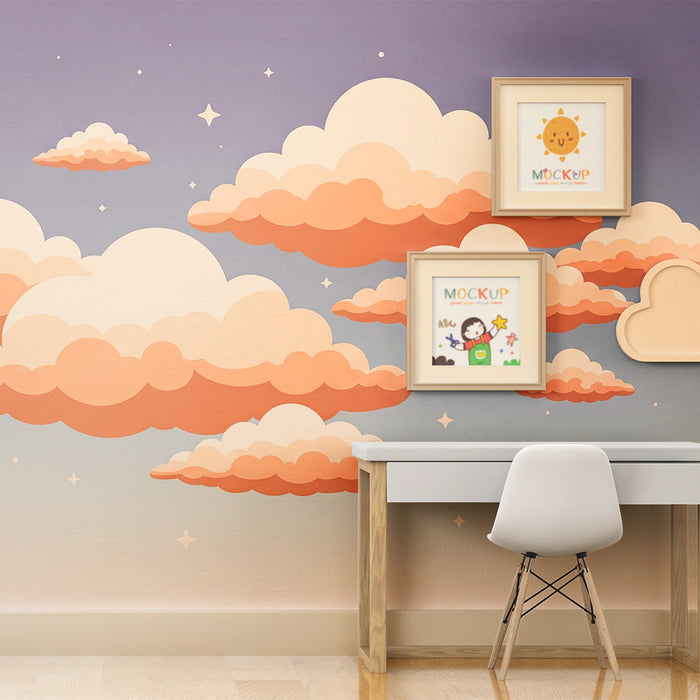 Papel de parede quarto bebê | Nuvens suaves e estrelas brilhantes em um céu pastel