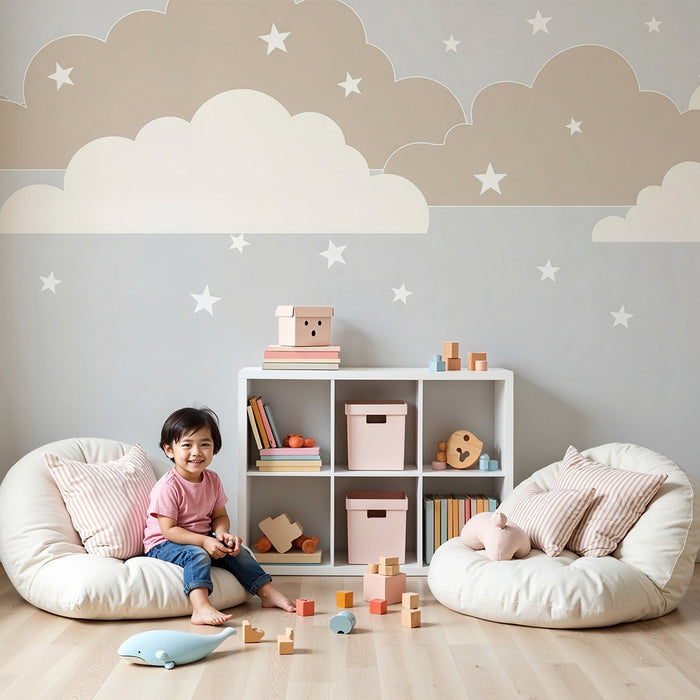 Papel de parede quarto bebê | Nuvens suaves e estrelas brilhantes em fundo cinza claro
