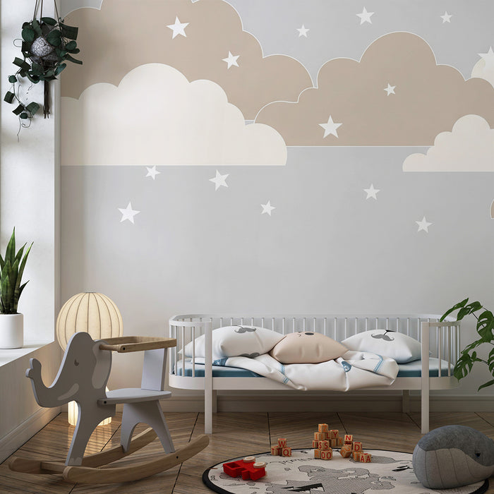 Papel de parede quarto bebê | Nuvens suaves e estrelas brilhantes em fundo cinza claro