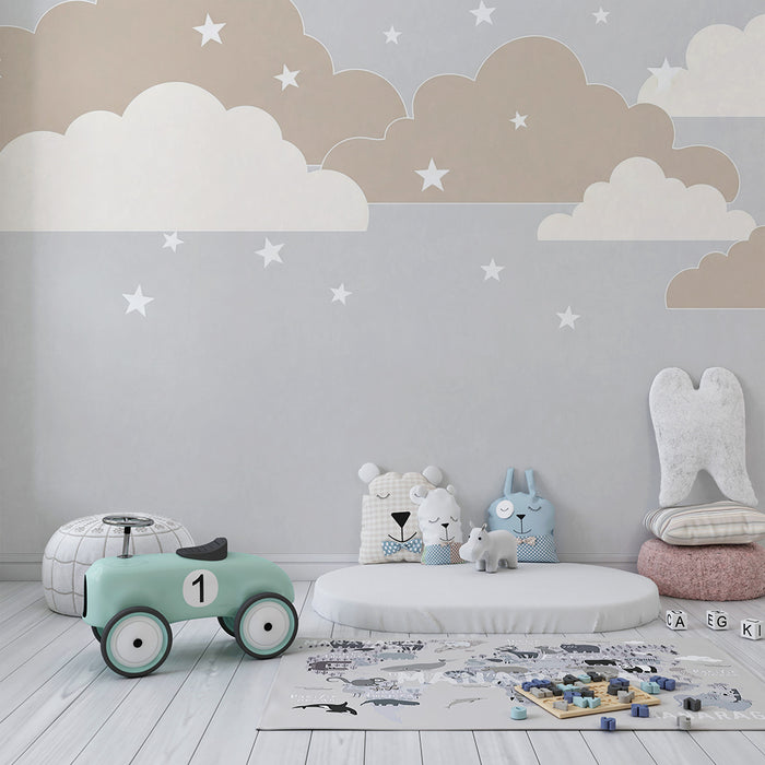 Papel de parede quarto bebê | Nuvens suaves e estrelas brilhantes em fundo cinza claro